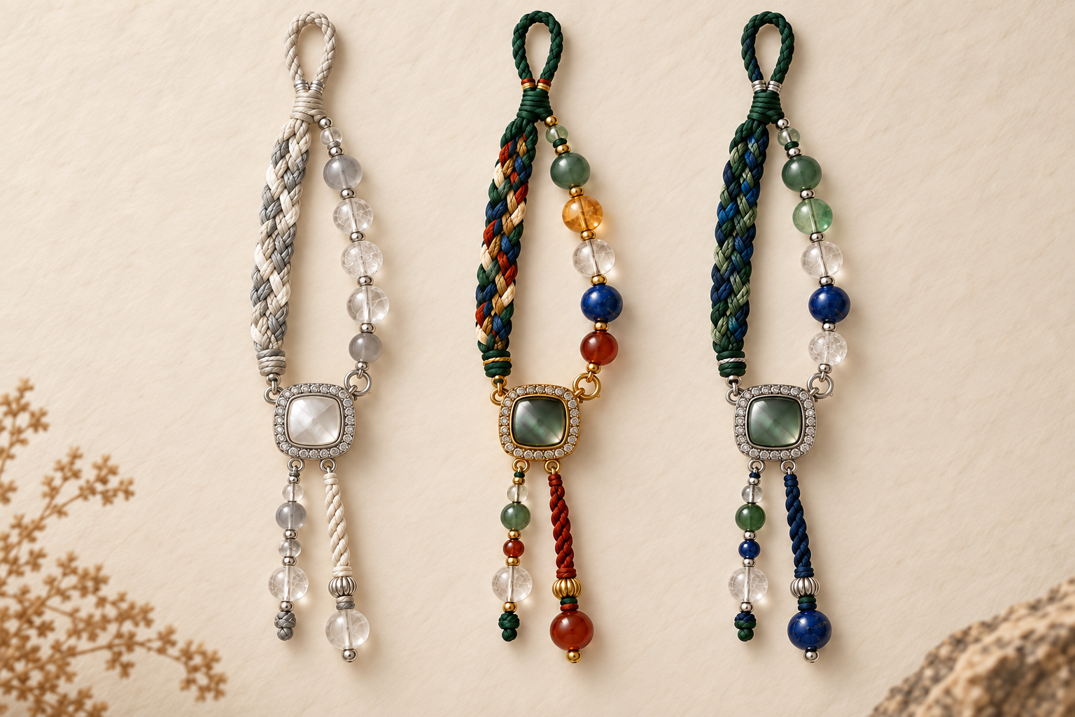 Three illustrative talismans with silver and white mother-of-pearl, gold and green mother-of-pearl, and silver and green mother-of-pearl clasps