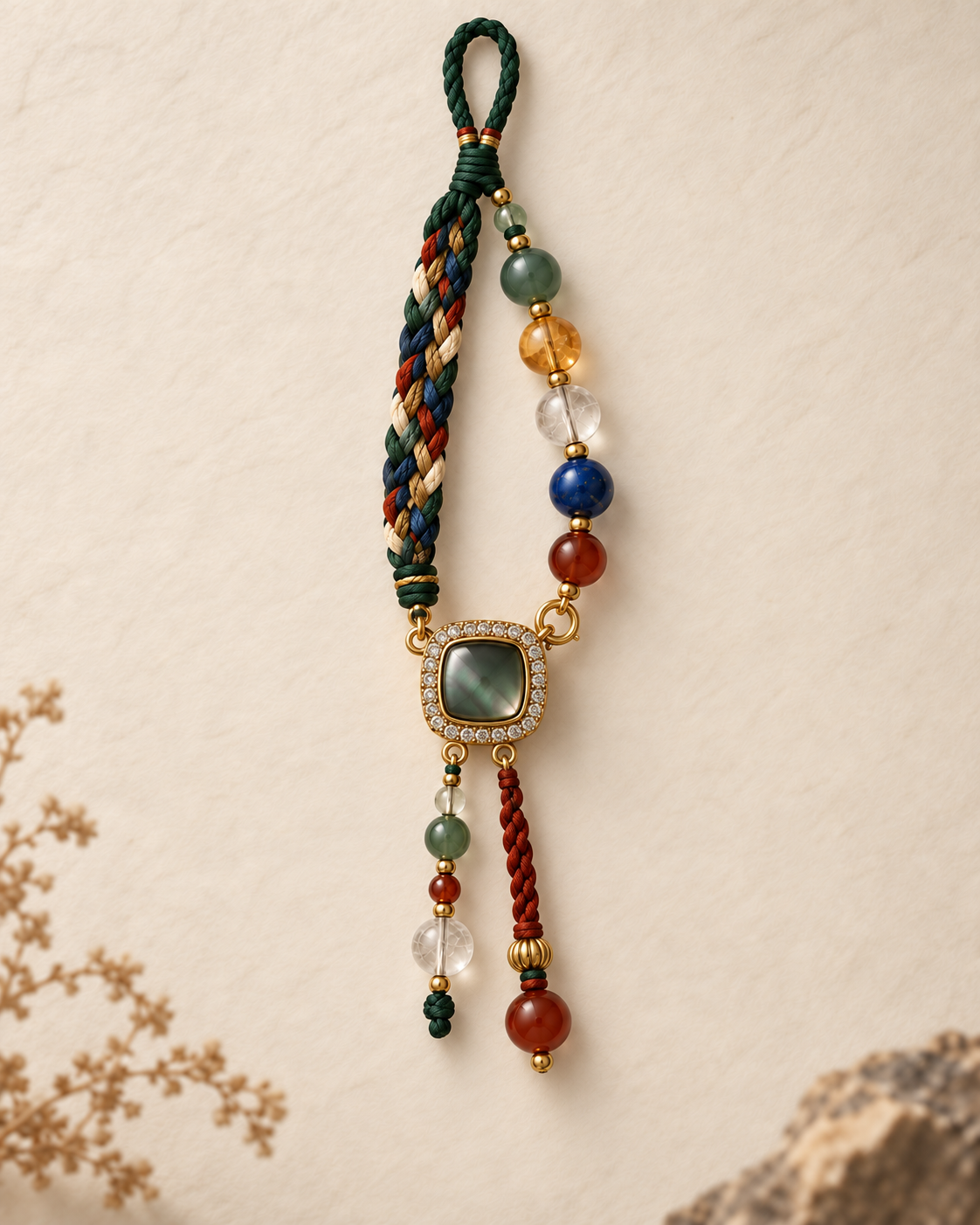 Hand-braided ROYHUG hanging talisman with natural crystals, a green mother-of-pearl square clasp and two short intention tails