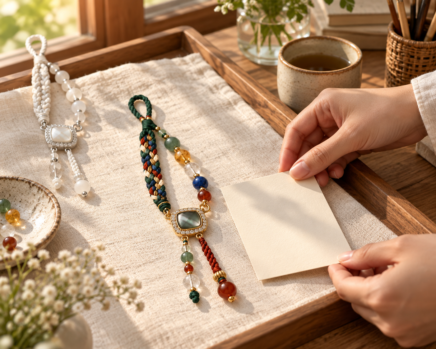 A maker arranging ROYHUG talismans and an intention card on linen in natural morning light
