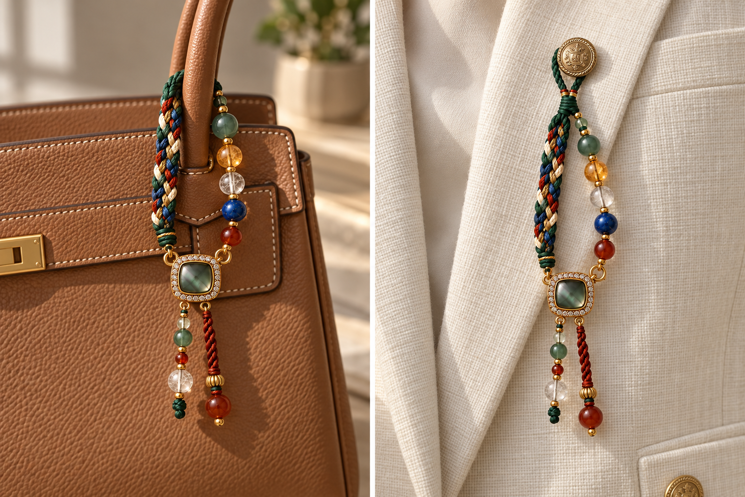 Design examples showing the upper branches around a leather bag handle and the soft top loop over a linen jacket button